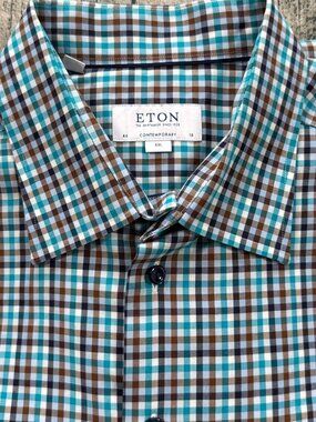 Eton Contemporary Dress Shirt Men's 46 18 XXL Teal Plaid Cotton Long Sleeve